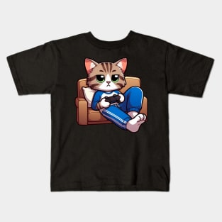 Tabby Cat Playing Game Relaxing Comfy Sofa Kids T-Shirt